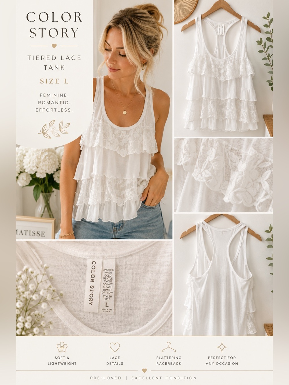 Color Story White Tiered Lace Ruffle Tank